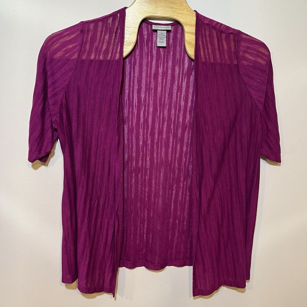 Catherines Plus 2X 22/24 Purple Sheer Striped Open Front Cardigan Rayon Blend